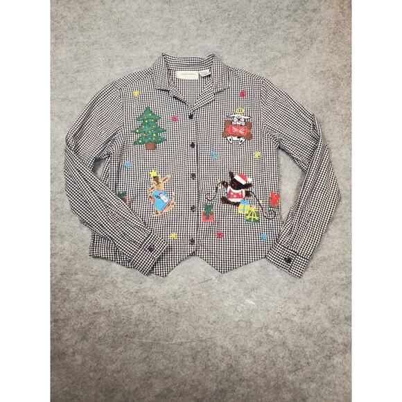 Lemon Grass Women's Small Black & White Check Button Up Christmas Theme Blouse - Picture 1 of 8
